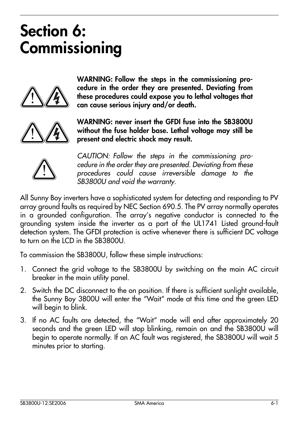 Section 6, Commissioning | SMA SB 3800-U User Manual | Page 47 / 86