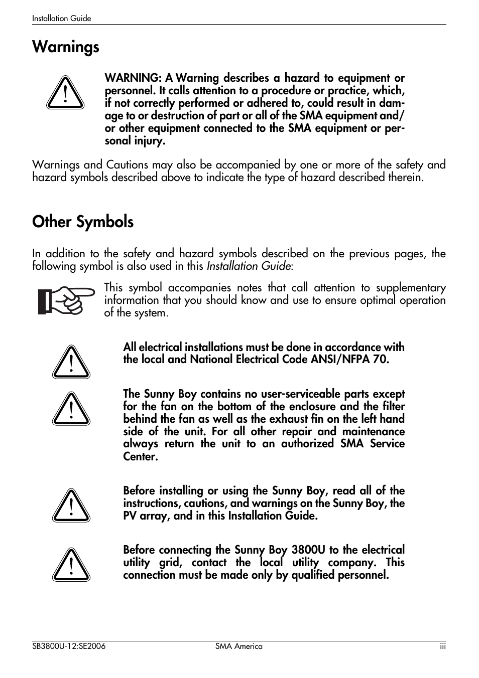 Warnings, Other symbols | SMA SB 3800-U User Manual | Page 5 / 86