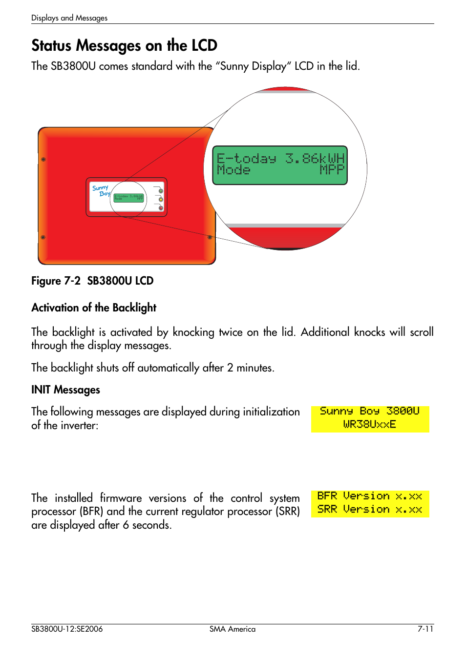 Status messages on the lcd -11, Status messages on the lcd, Bfr version x.xx srr version x.xx | SMA SB 3800-U User Manual | Page 59 / 86