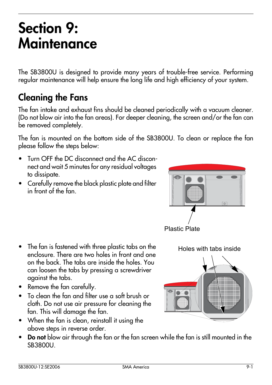 Section 9, Maintenance, Cleaning the fans -1 | Cleaning the fans | SMA SB 3800-U User Manual | Page 77 / 86