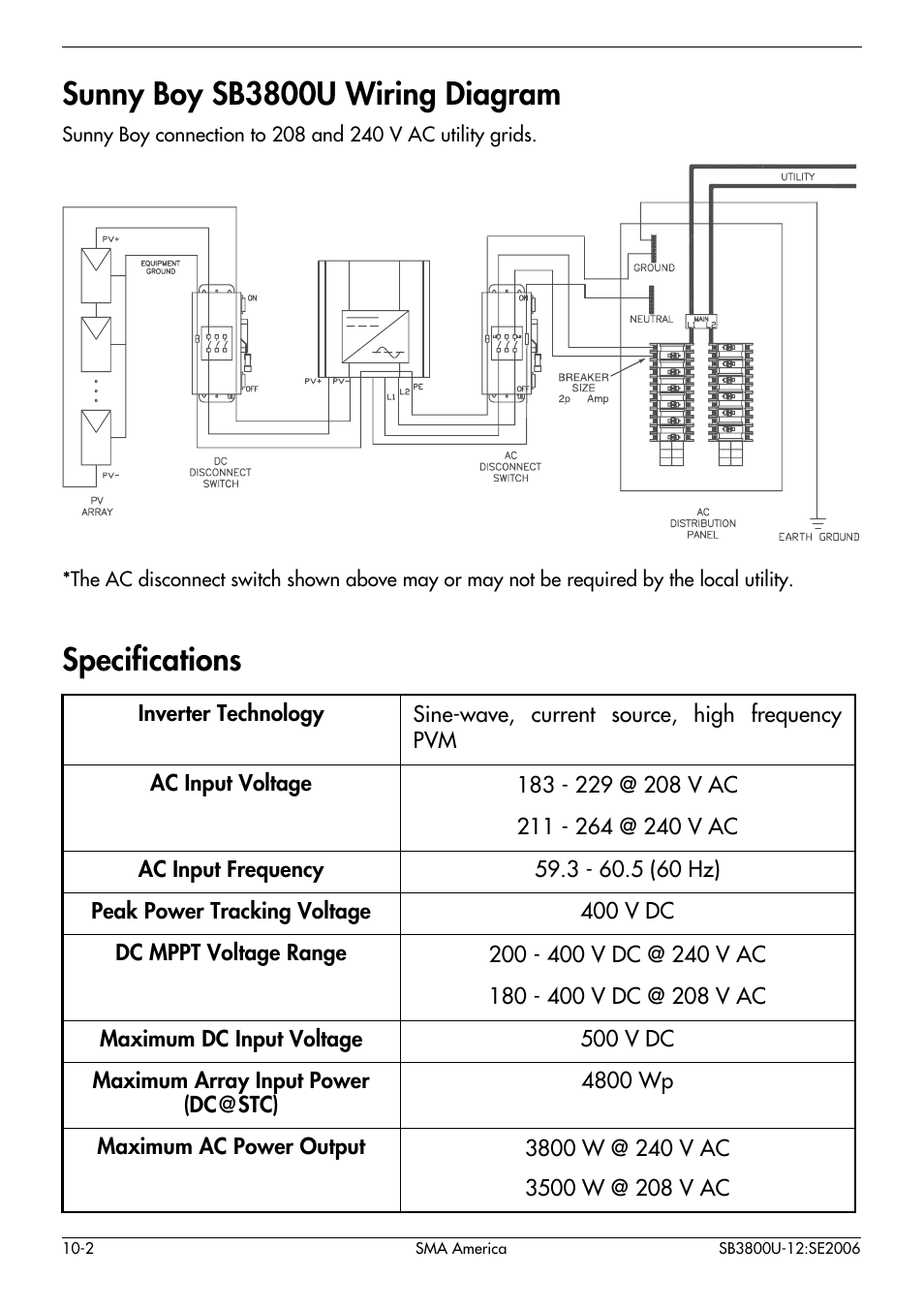Sunny boy sb3800u wiring diagram, Specifications | SMA SB 3800-U User Manual | Page 82 / 86