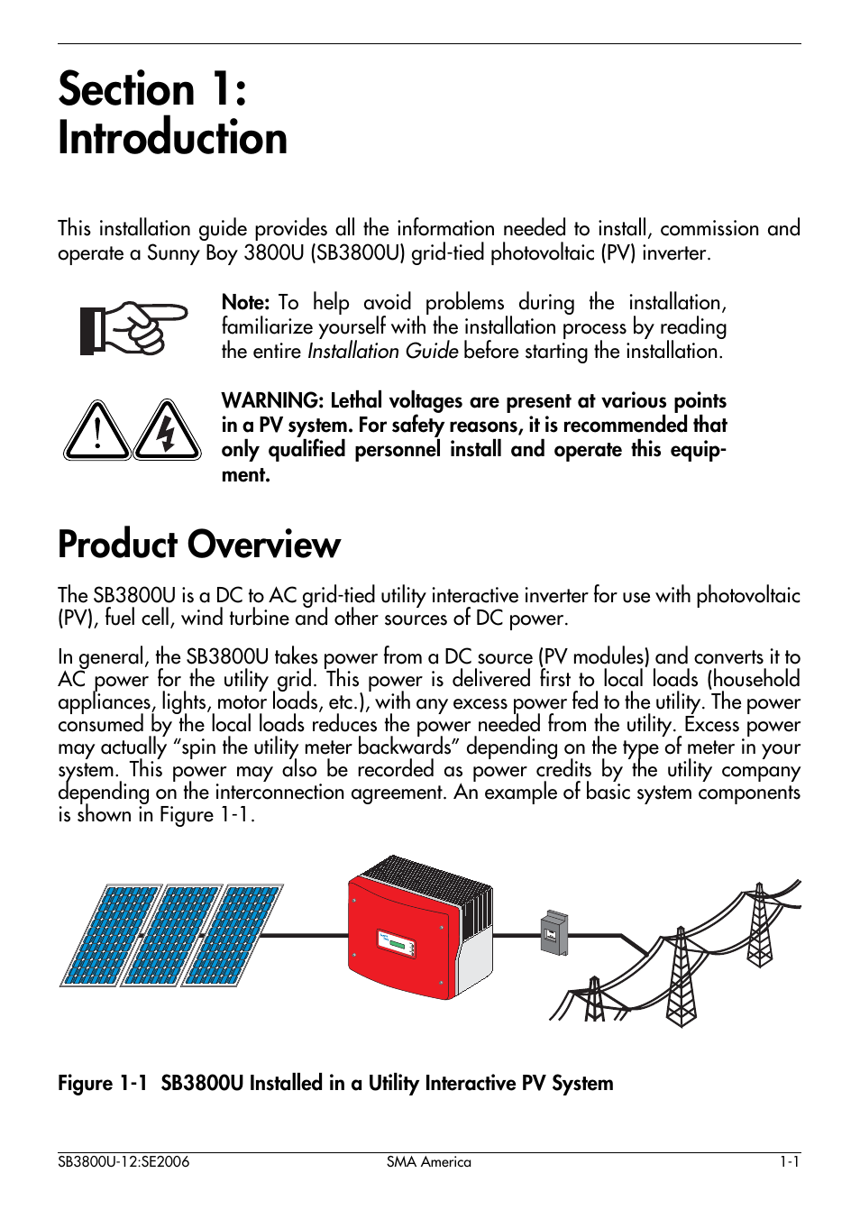 Section 1, Introduction, Product overview -1 | Product overview | SMA SB 3800-U User Manual | Page 9 / 86