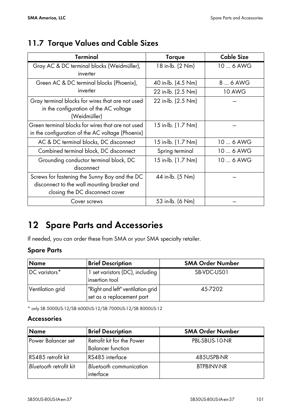 7 torque values and cable sizes, 12 spare parts and accessories, Torque values and cable sizes | Spare parts and accessories | SMA SB 5000-US User Manual | Page 101 / 104