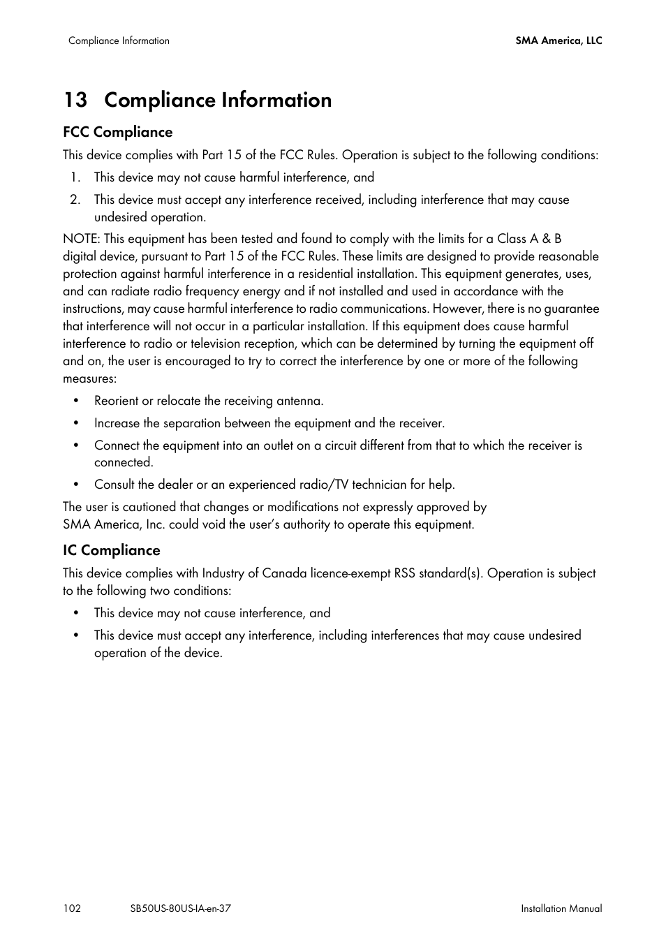13 compliance information, Compliance information | SMA SB 5000-US User Manual | Page 102 / 104