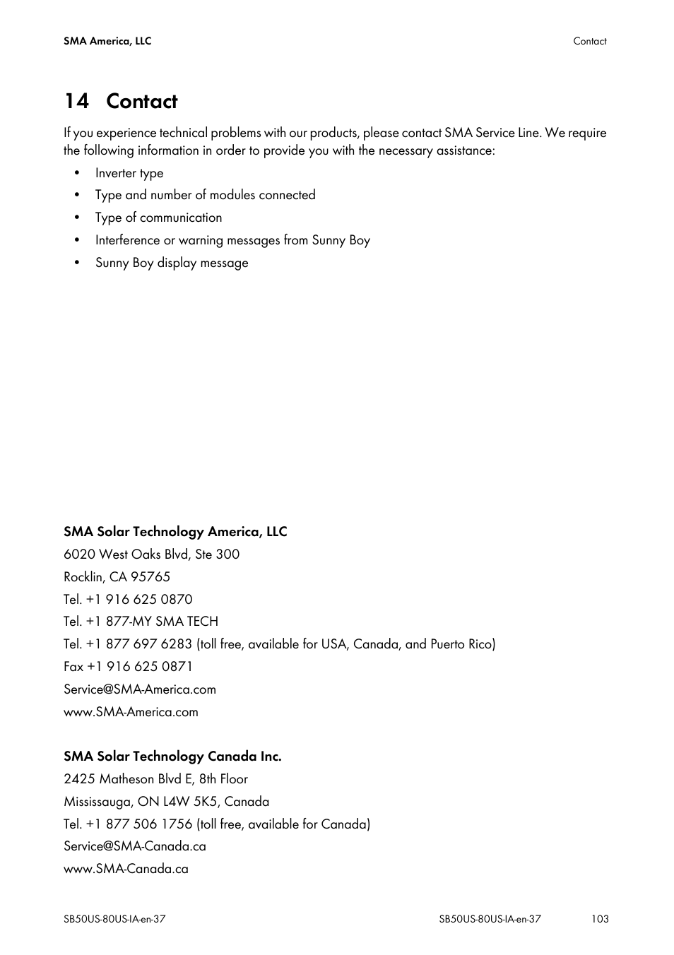 14 contact, Contact, 14 ”contact | SMA SB 5000-US User Manual | Page 103 / 104