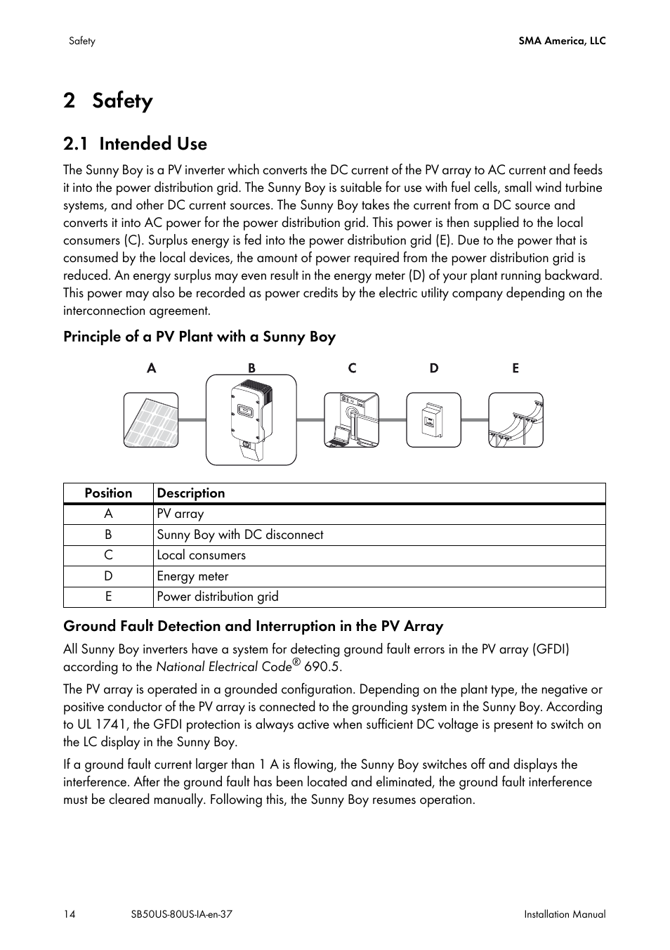 2 safety, 1 intended use, Safety | Intended use | SMA SB 5000-US User Manual | Page 14 / 104
