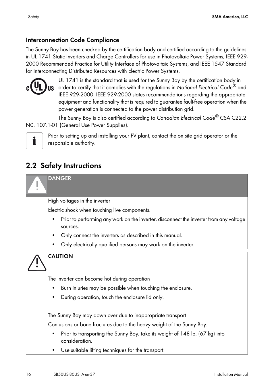 2 safety instructions, Safety instructions | SMA SB 5000-US User Manual | Page 16 / 104