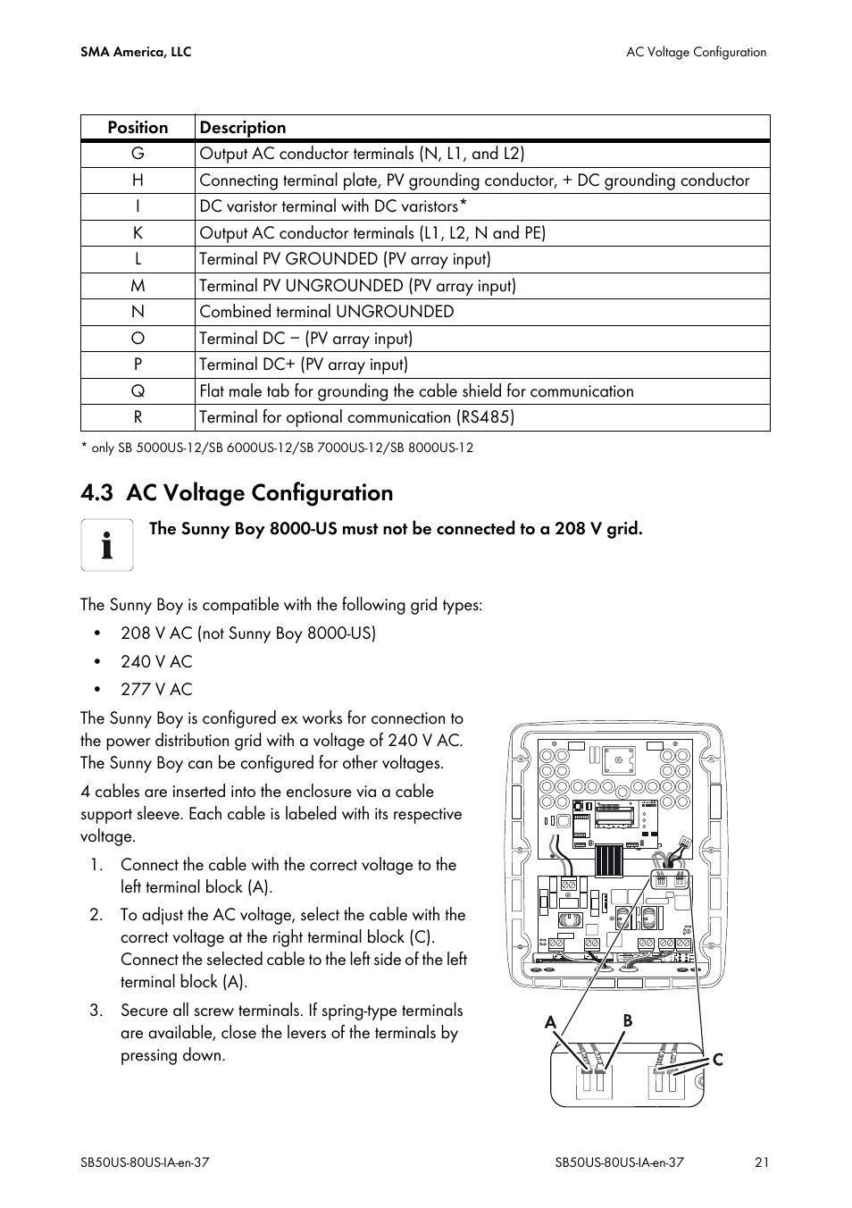 3 ac voltage configuration, Ac voltage configuration | SMA SB 5000-US User Manual | Page 21 / 104