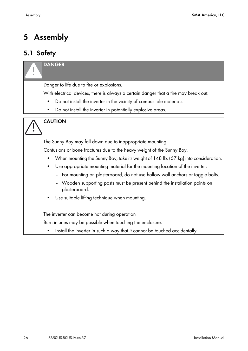 5 assembly, 1 safety, Assembly | Safety | SMA SB 5000-US User Manual | Page 26 / 104