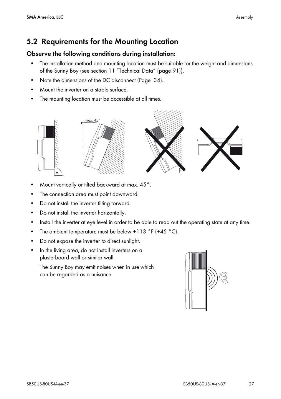 2 requirements for the mounting location, Requirements for the mounting location | SMA SB 5000-US User Manual | Page 27 / 104