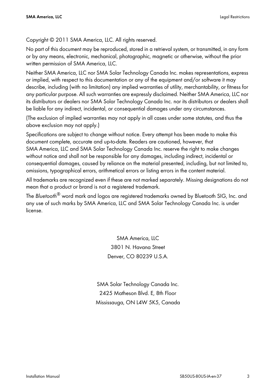 SMA SB 5000-US User Manual | Page 3 / 104