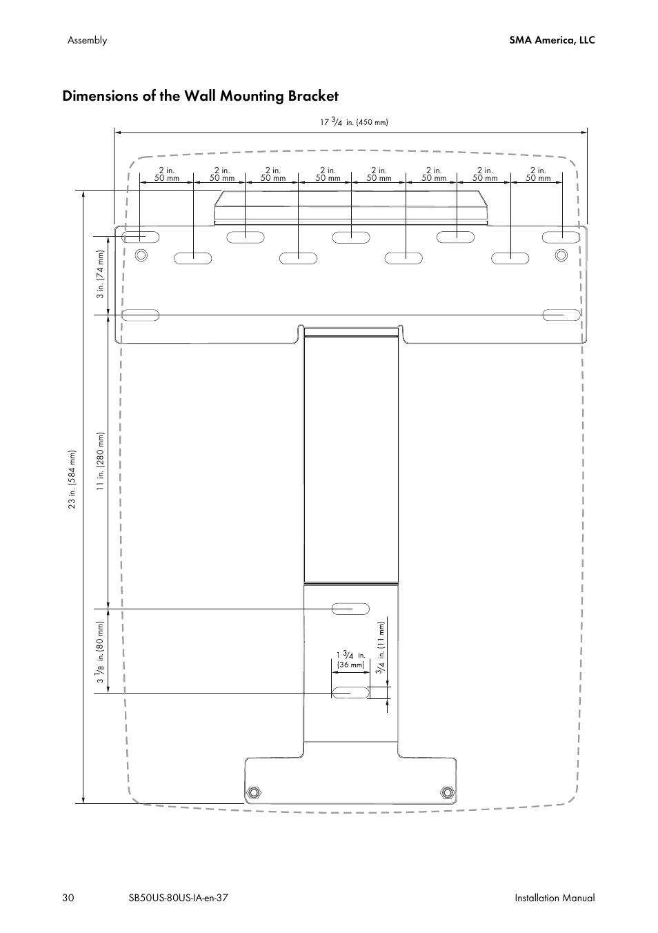 Dimensions of the wall mounting bracket | SMA SB 5000-US User Manual | Page 30 / 104