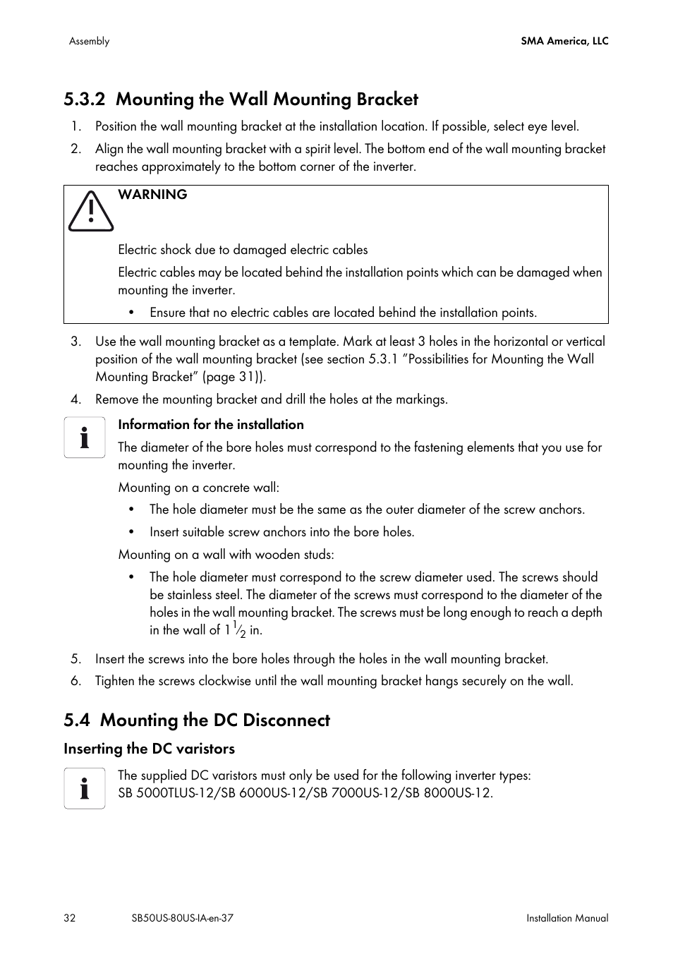 2 mounting the wall mounting bracket, 4 mounting the dc disconnect, Mounting the wall mounting bracket | Mounting the dc disconnect | SMA SB 5000-US User Manual | Page 32 / 104
