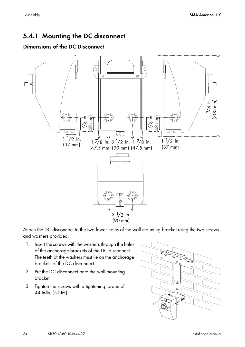 1 mounting the dc disconnect, Mounting the dc disconnect | SMA SB 5000-US User Manual | Page 34 / 104