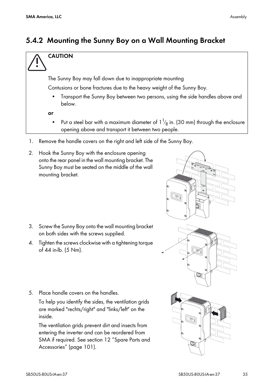 Mounting the sunny boy on a wall mounting bracket | SMA SB 5000-US User Manual | Page 35 / 104