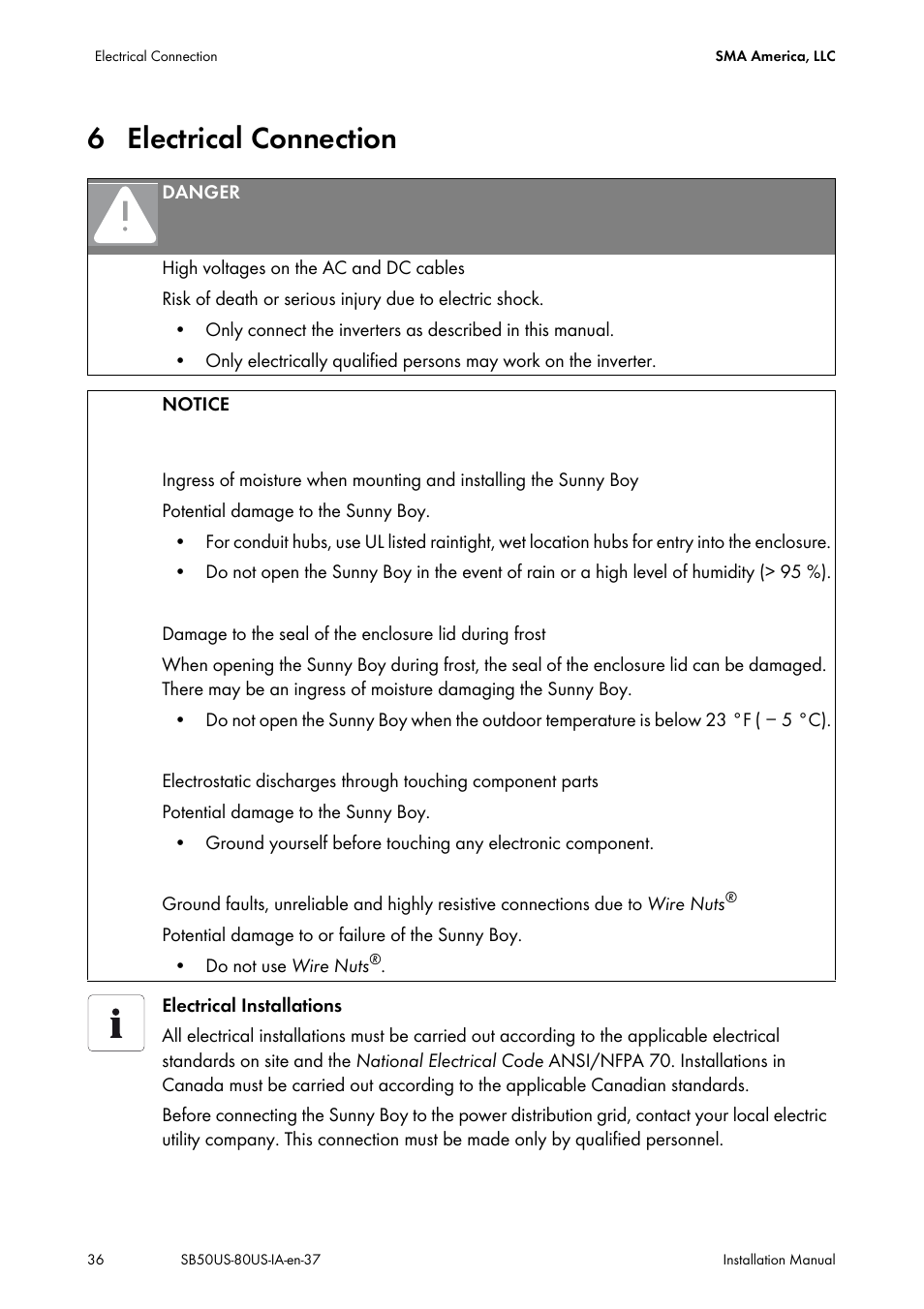 6 electrical connection, Electrical connection | SMA SB 5000-US User Manual | Page 36 / 104