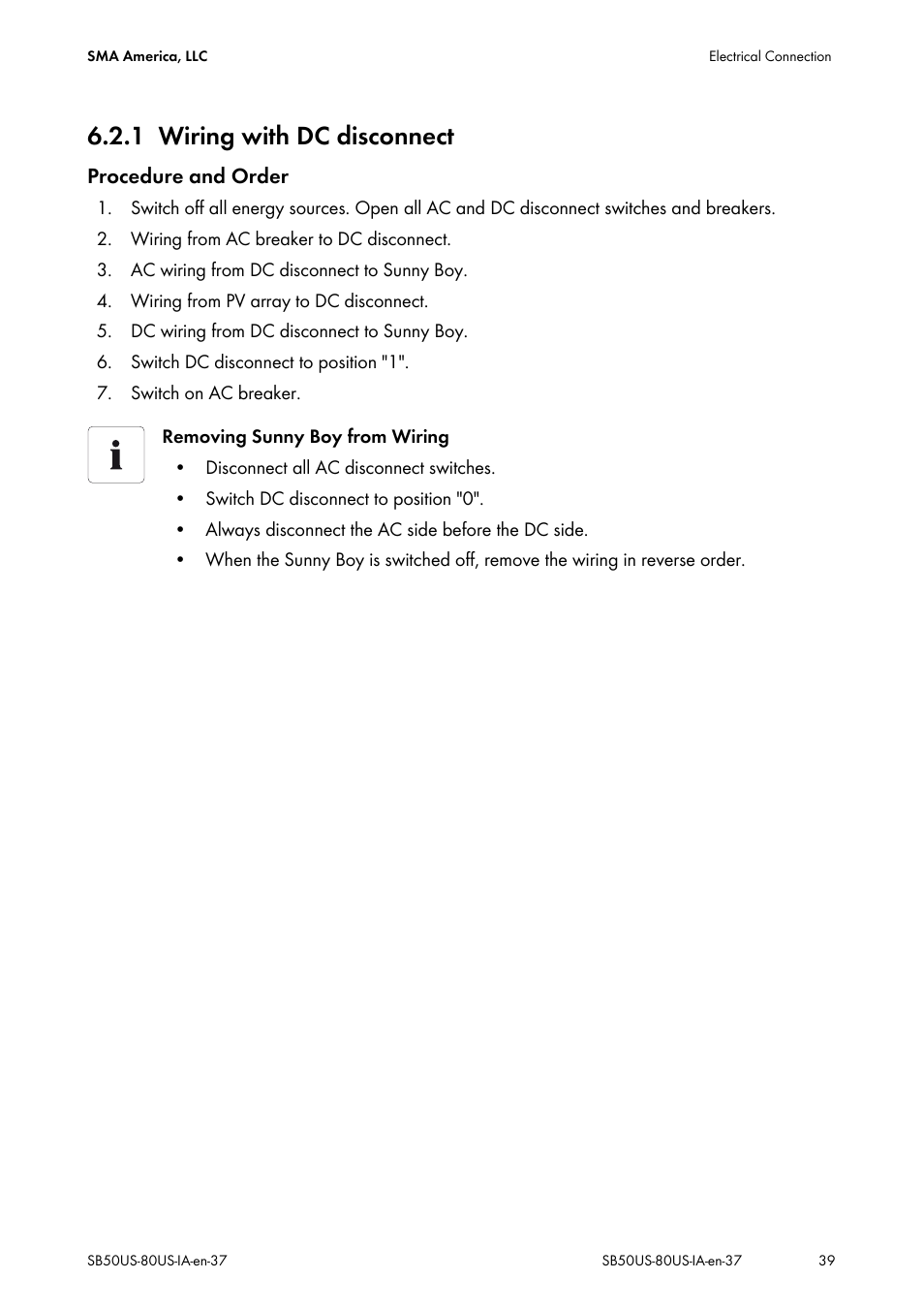 1 wiring with dc disconnect, Wiring with dc disconnect, Procedure and order | SMA SB 5000-US User Manual | Page 39 / 104
