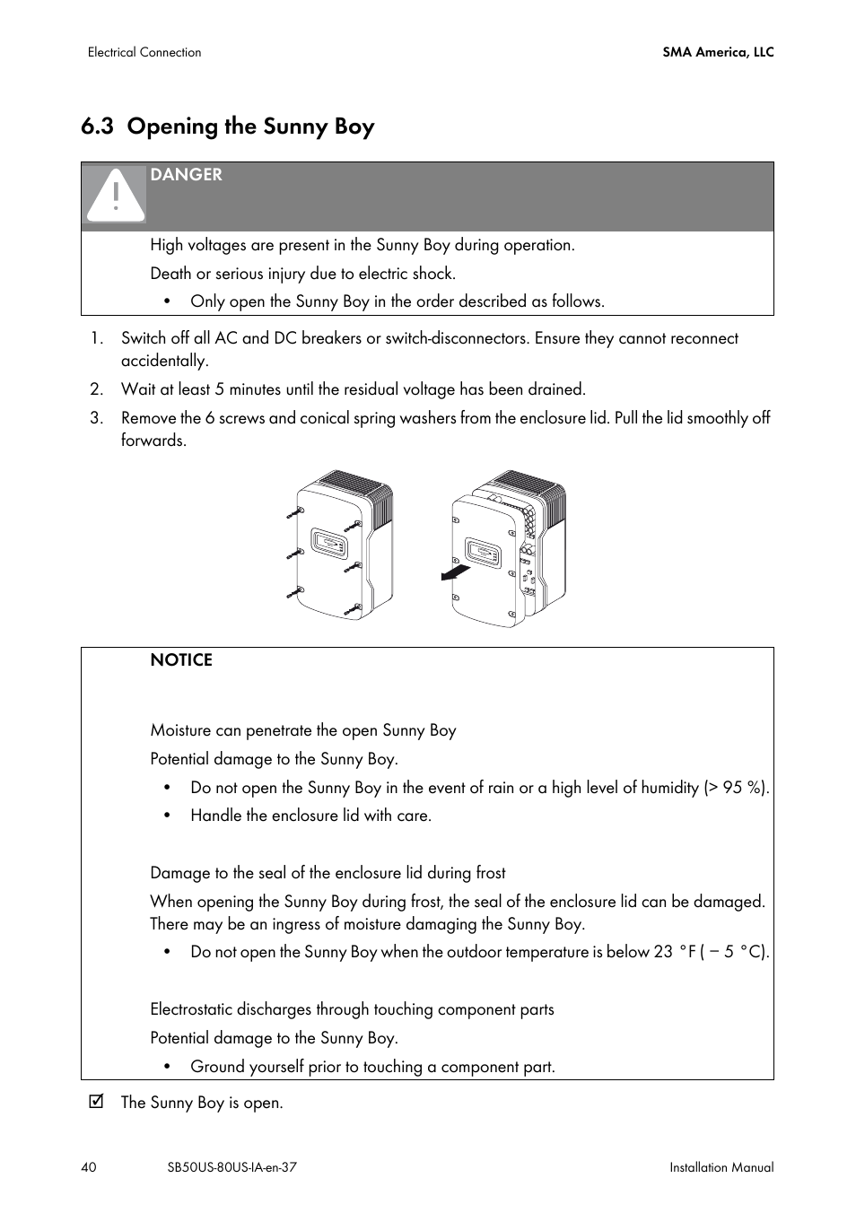 3 opening the sunny boy, Opening the sunny boy | SMA SB 5000-US User Manual | Page 40 / 104