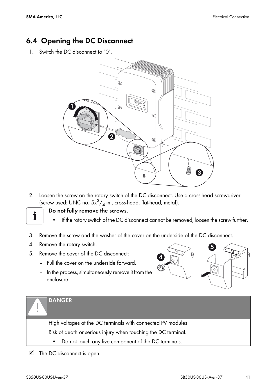 4 opening the dc disconnect, Opening the dc disconnect | SMA SB 5000-US User Manual | Page 41 / 104