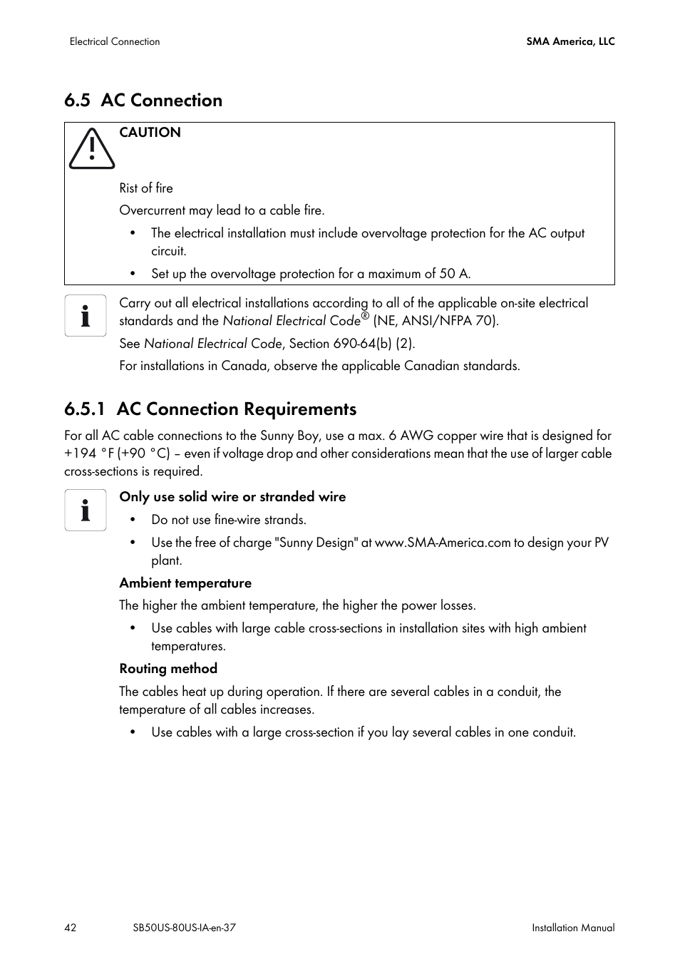 5 ac connection, 1 ac connection requirements, Ac connection | Ac connection requirements, 5 ac connection 6.5.1 ac connection requirements | SMA SB 5000-US User Manual | Page 42 / 104