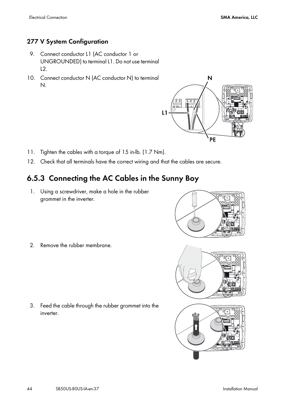 3 connecting the ac cables in the sunny boy, Connecting the ac cables in the sunny boy, 277 v system configuration | SMA SB 5000-US User Manual | Page 44 / 104