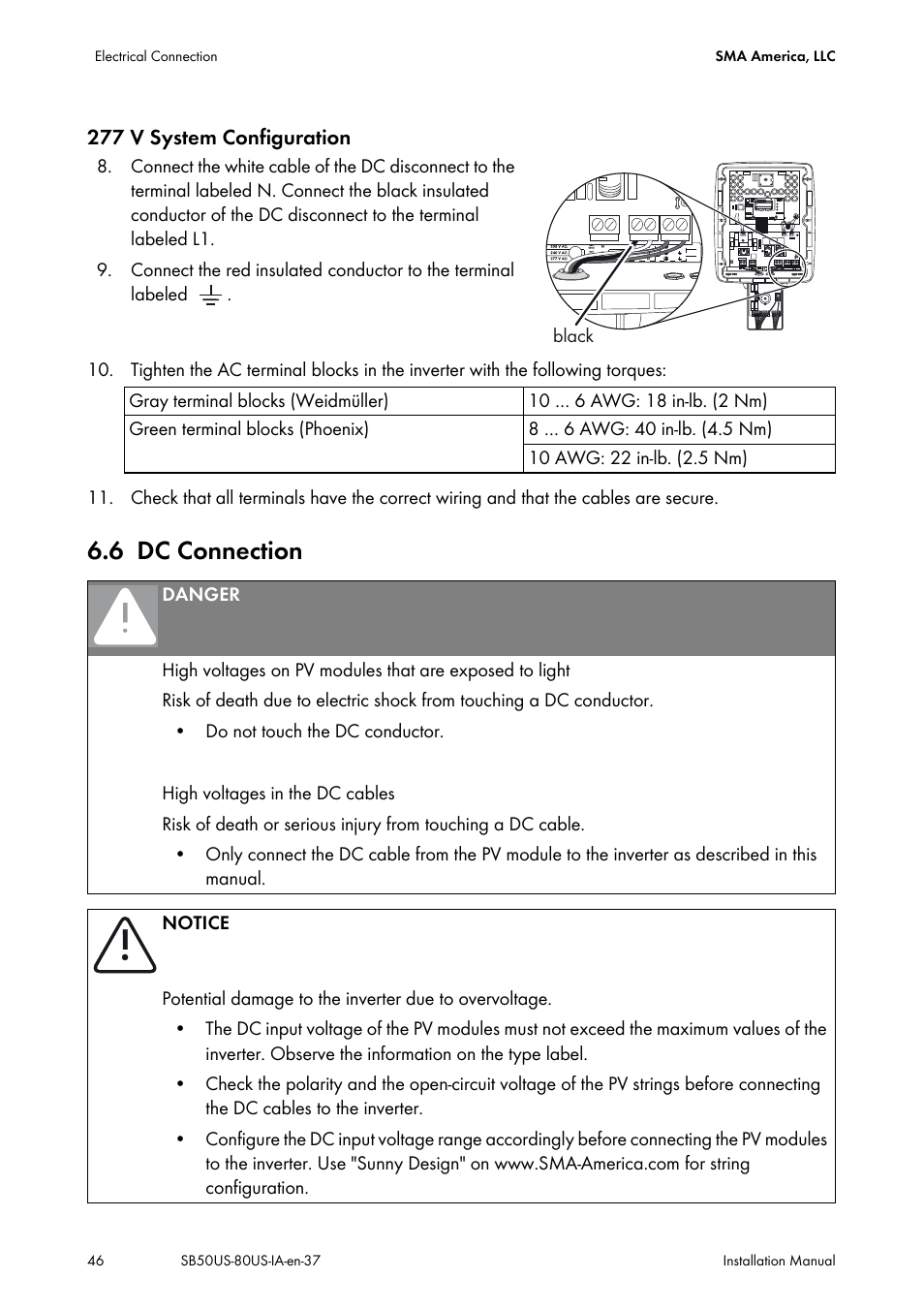 6 dc connection, Dc connection, 277 v system configuration | SMA SB 5000-US User Manual | Page 46 / 104