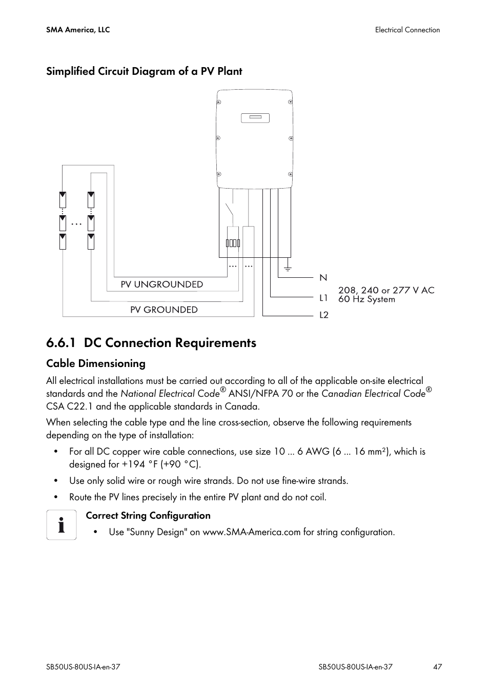 1 dc connection requirements, Dc connection requirements | SMA SB 5000-US User Manual | Page 47 / 104