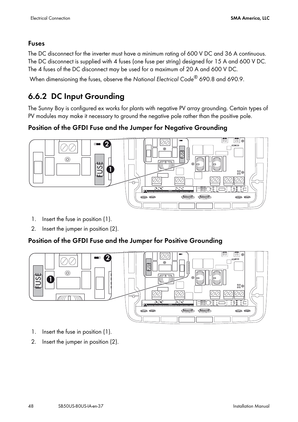 2 dc input grounding, Dc input grounding | SMA SB 5000-US User Manual | Page 48 / 104