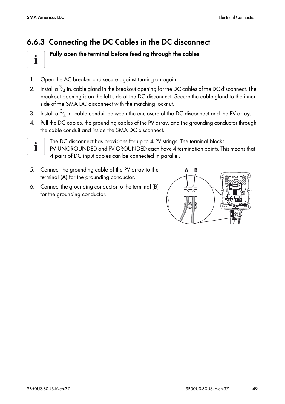 3 connecting the dc cables in the dc disconnect, Connecting the dc cables in the dc disconnect | SMA SB 5000-US User Manual | Page 49 / 104