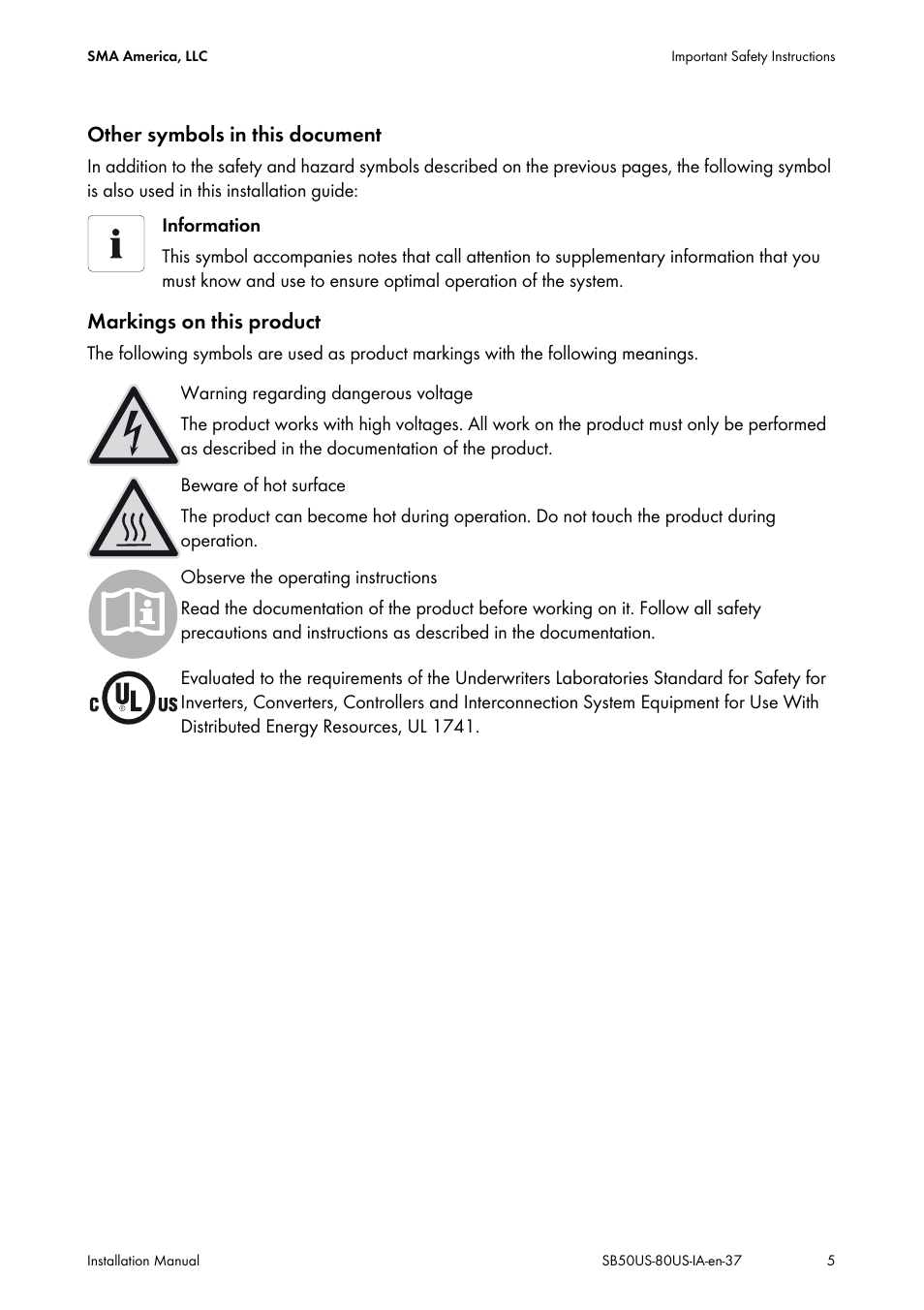 Other symbols in this document, Markings on this product | SMA SB 5000-US User Manual | Page 5 / 104