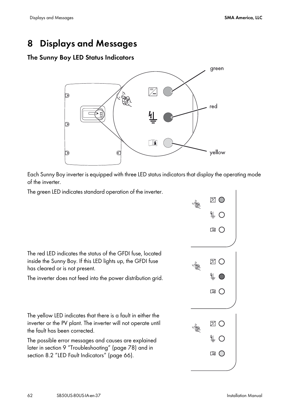 8 displays and messages, Displays and messages | SMA SB 5000-US User Manual | Page 62 / 104