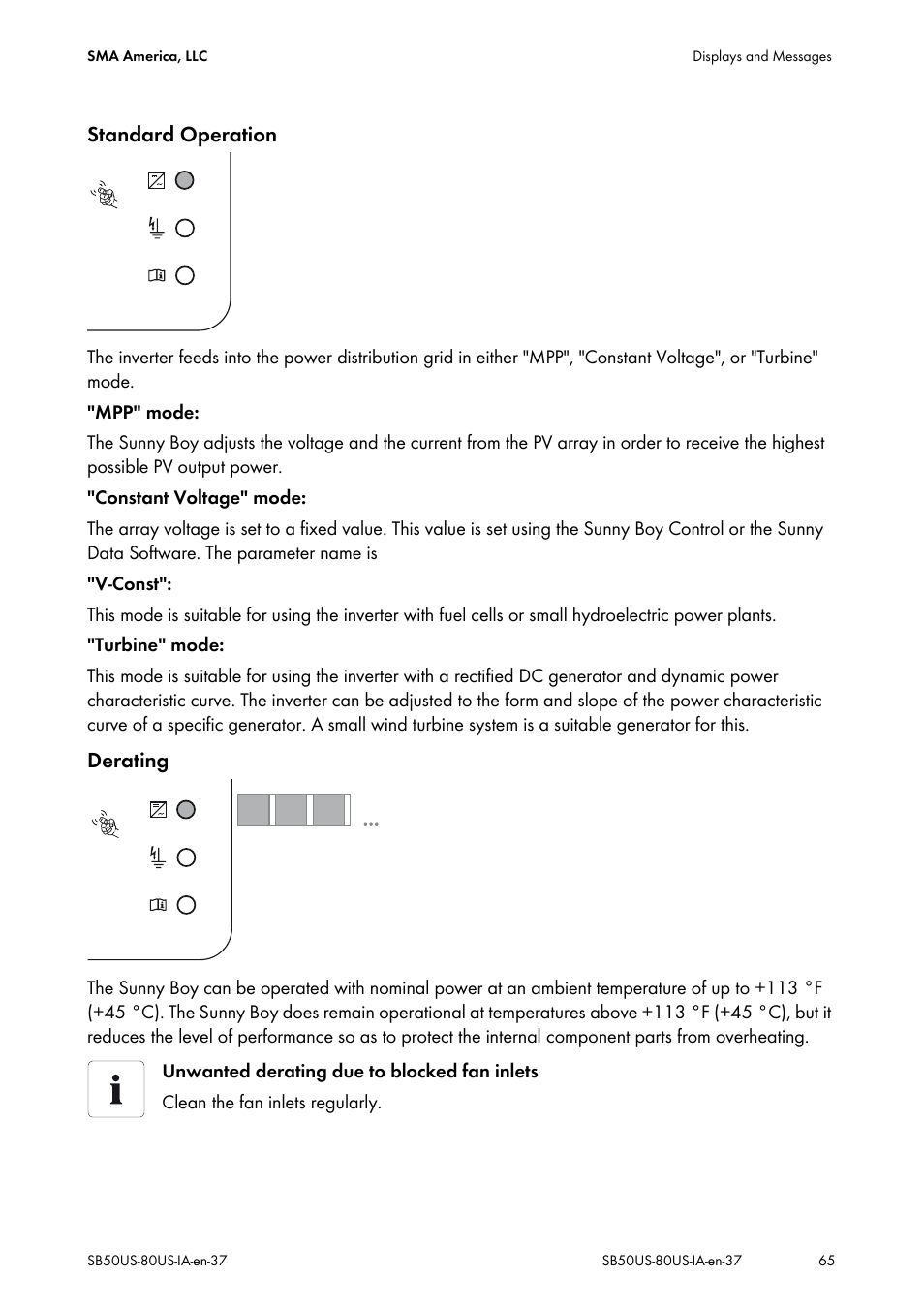 Standard operation, Derating | SMA SB 5000-US User Manual | Page 65 / 104