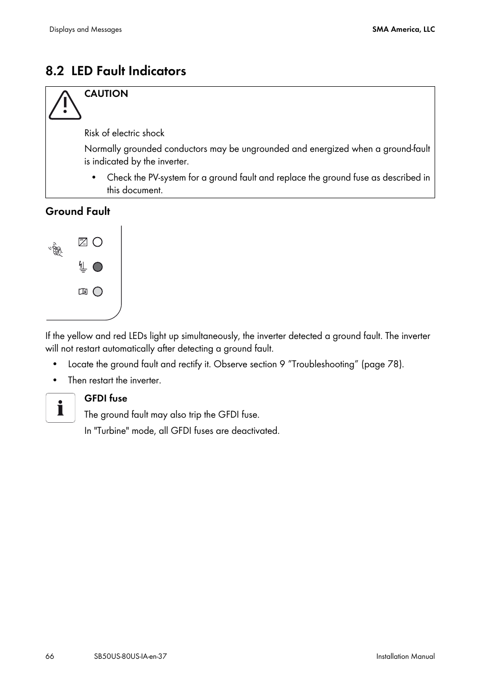 2 led fault indicators, Led fault indicators | SMA SB 5000-US User Manual | Page 66 / 104