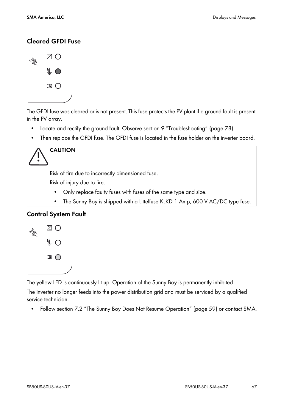 Cleared gfdi fuse, Control system fault | SMA SB 5000-US User Manual | Page 67 / 104