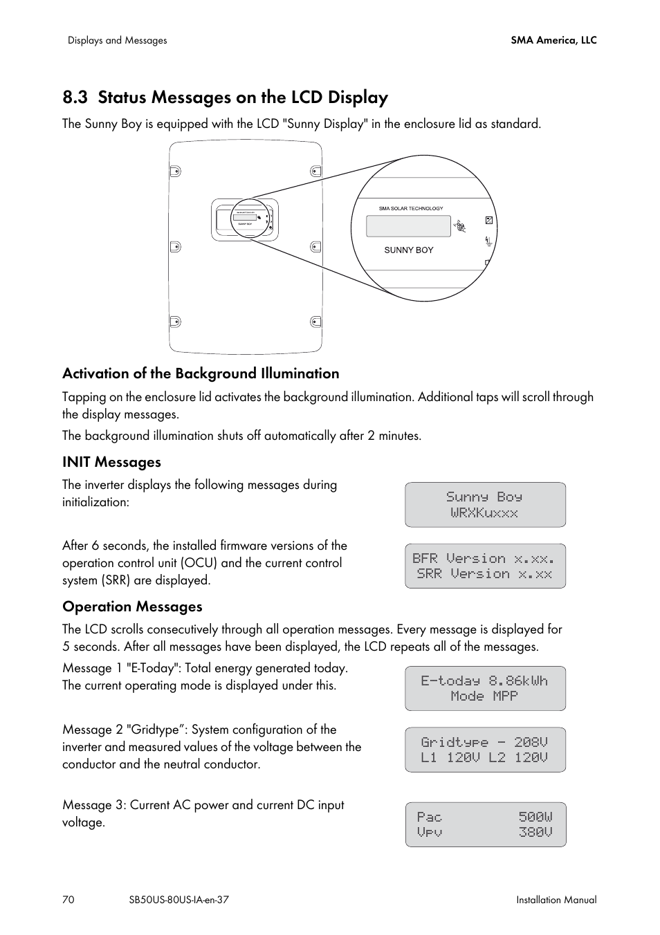 3 status messages on the lcd display, Status messages on the lcd display | SMA SB 5000-US User Manual | Page 70 / 104
