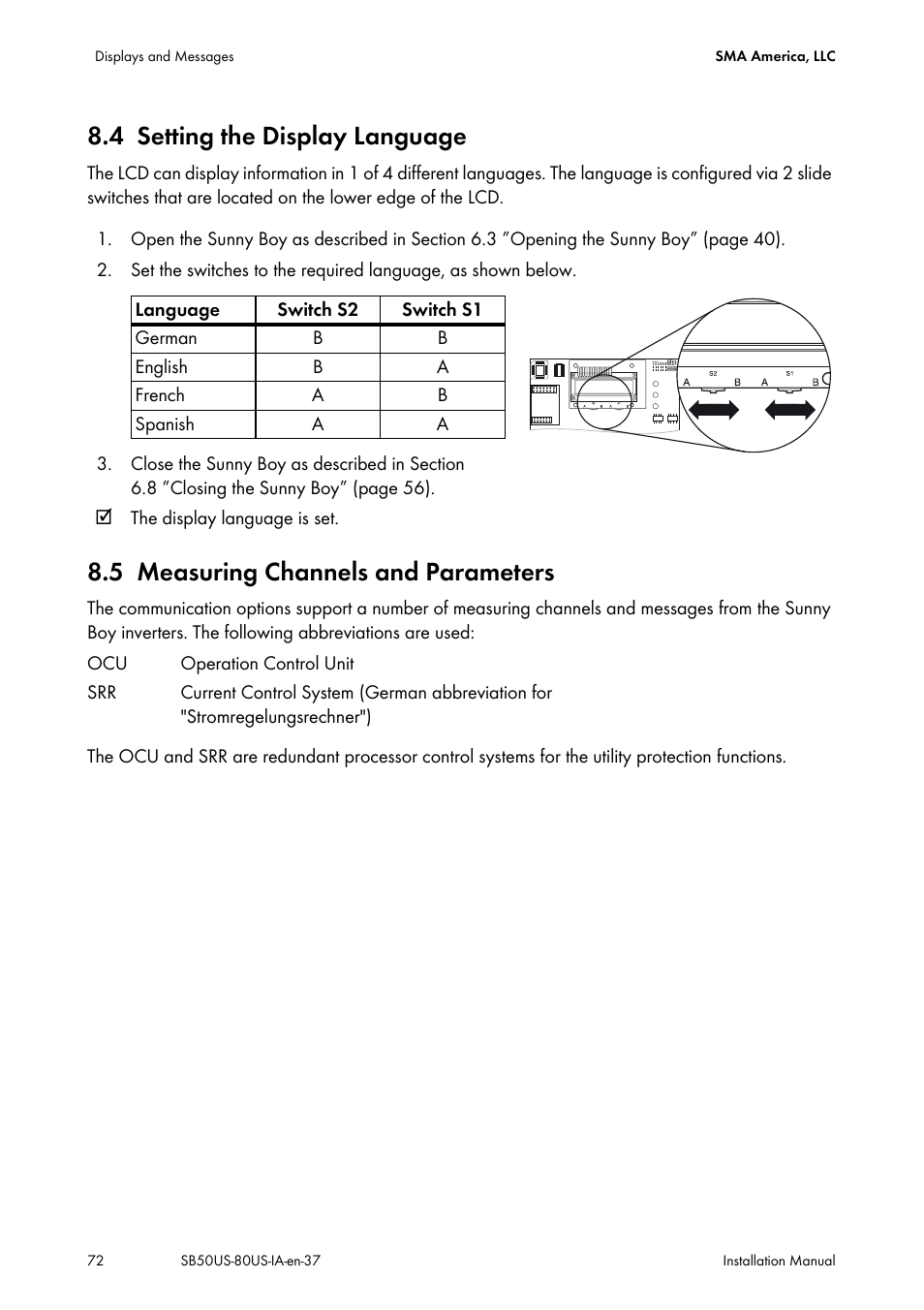 4 setting the display language, 5 measuring channels and parameters, Setting the display language | Measuring channels and parameters | SMA SB 5000-US User Manual | Page 72 / 104