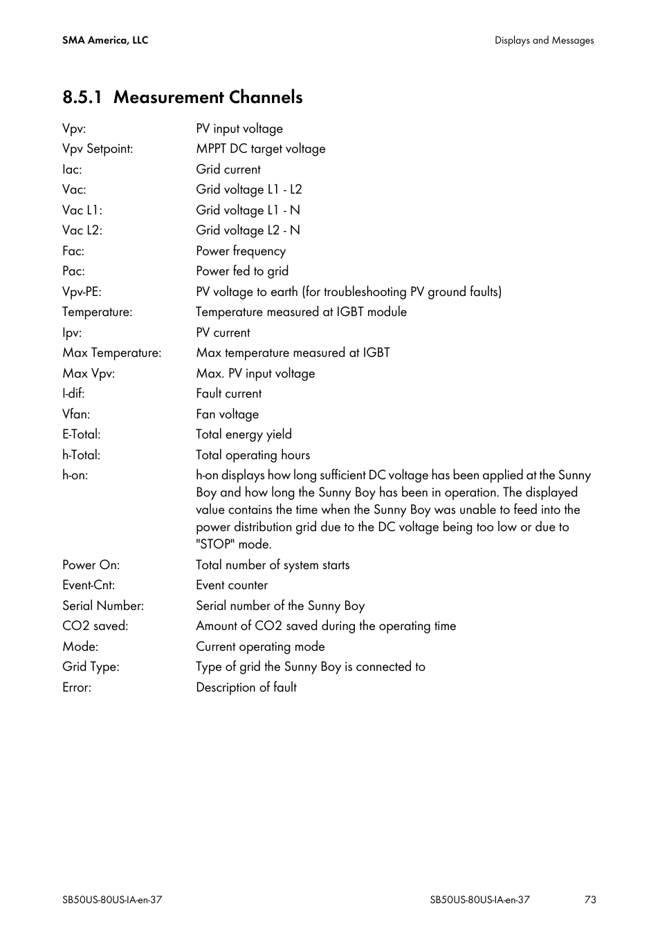 1 measurement channels, Measurement channels | SMA SB 5000-US User Manual | Page 73 / 104