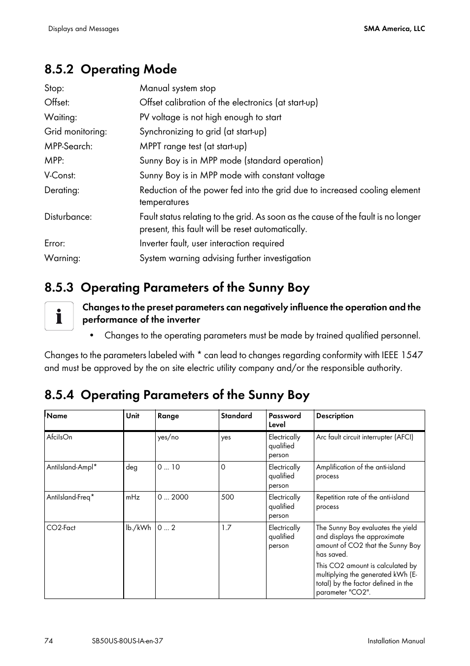 2 operating mode, 3 operating parameters of the sunny boy, 4 operating parameters of the sunny boy | Operating mode, Operating parameters of the sunny boy | SMA SB 5000-US User Manual | Page 74 / 104