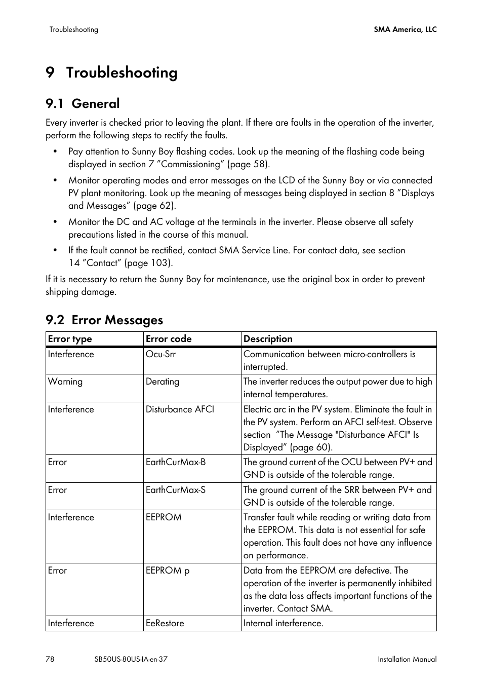 9 troubleshooting, 1 general, 2 error messages | Troubleshooting, General, Error messages, 9 ”troubleshooting | SMA SB 5000-US User Manual | Page 78 / 104