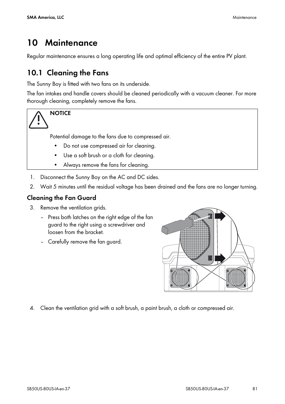 10 maintenance, 1 cleaning the fans, Maintenance | Cleaning the fans | SMA SB 5000-US User Manual | Page 81 / 104