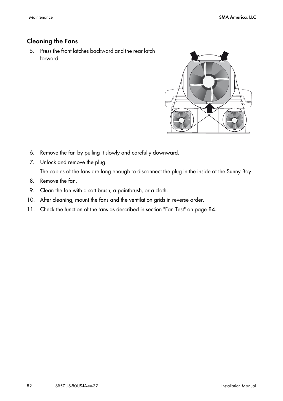 Cleaning the fans | SMA SB 5000-US User Manual | Page 82 / 104