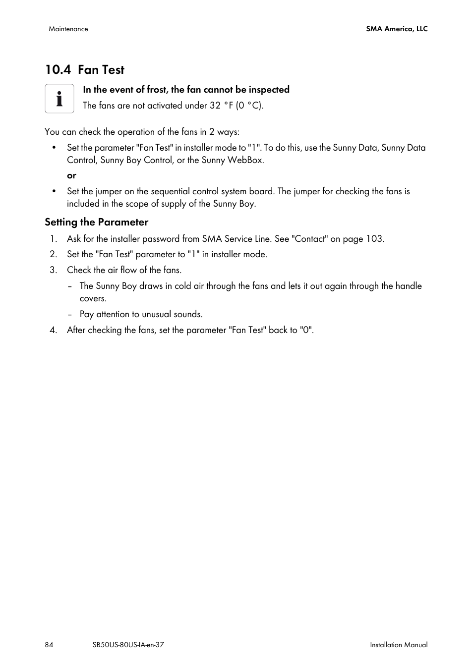 4 fan test, Fan test | SMA SB 5000-US User Manual | Page 84 / 104