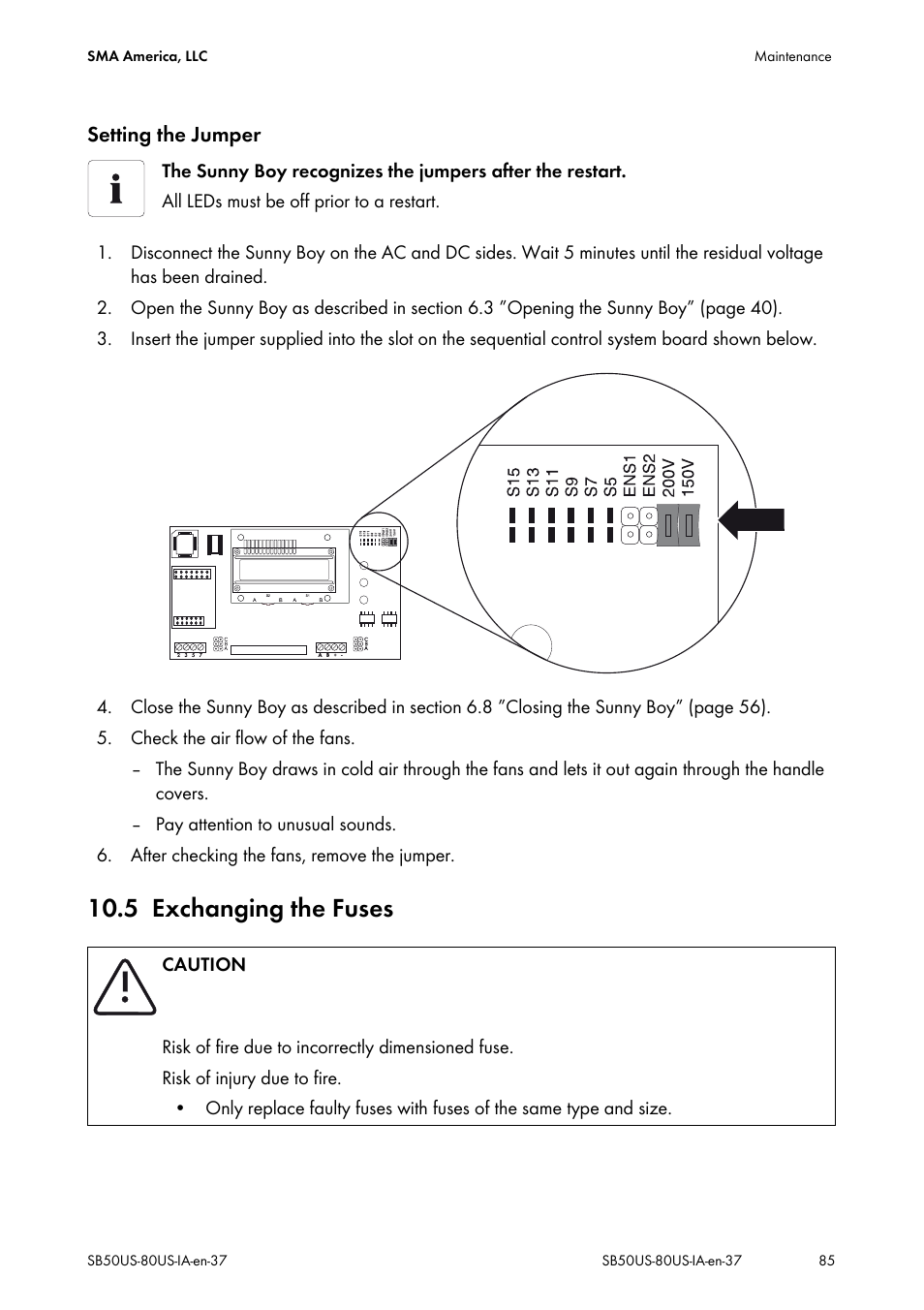 5 exchanging the fuses, Exchanging the fuses | SMA SB 5000-US User Manual | Page 85 / 104