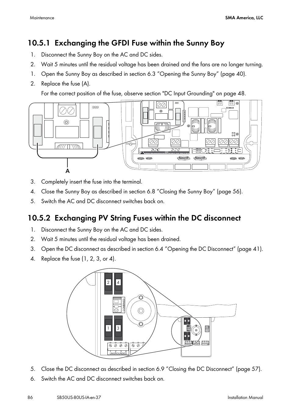 1 exchanging the gfdi fuse within the sunny boy, Exchanging the gfdi fuse within the sunny boy | SMA SB 5000-US User Manual | Page 86 / 104