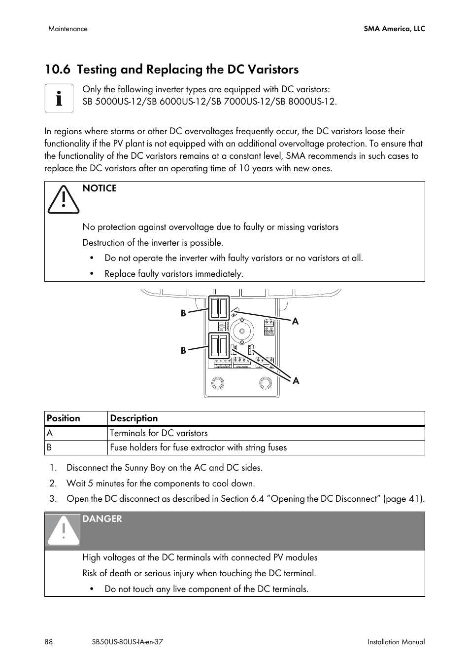 6 testing and replacing the dc varistors, Testing and replacing the dc varistors | SMA SB 5000-US User Manual | Page 88 / 104