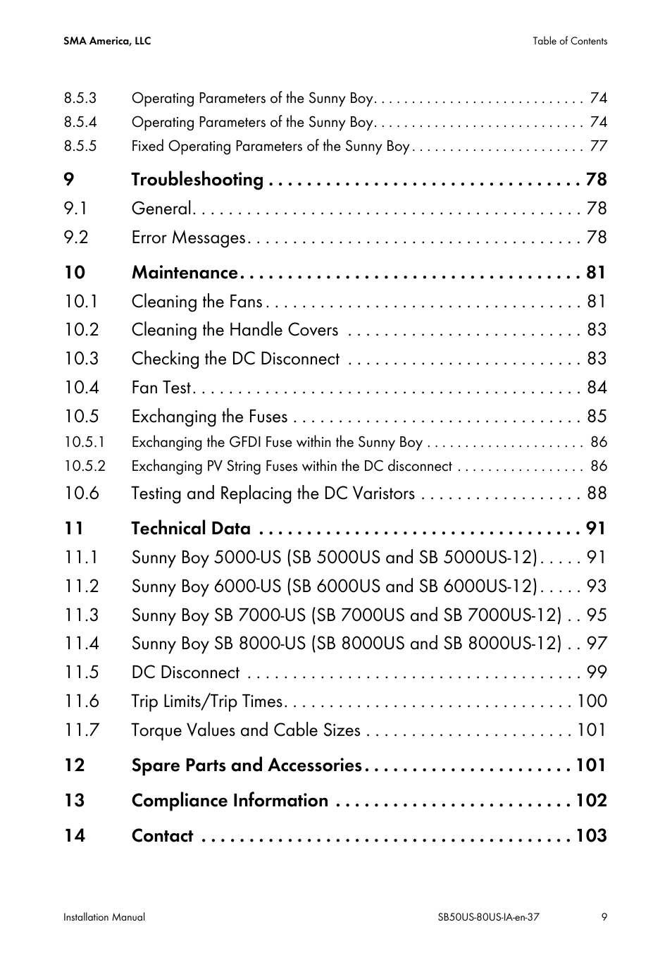 SMA SB 5000-US User Manual | Page 9 / 104