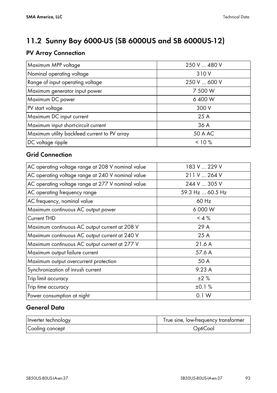 2 sunny boy 6000-us (sb 6000us and sb 6000us-12), Sunny boy 6000-us (sb 6000us and sb 6000us-12) | SMA SB 5000-US User Manual | Page 93 / 104