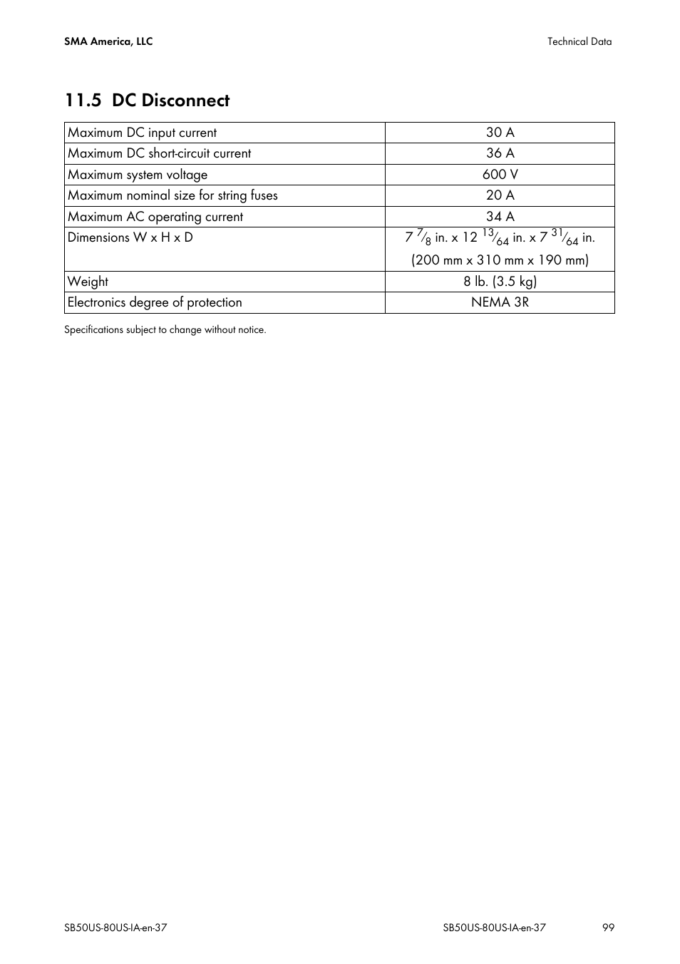 5 dc disconnect, Dc disconnect | SMA SB 5000-US User Manual | Page 99 / 104