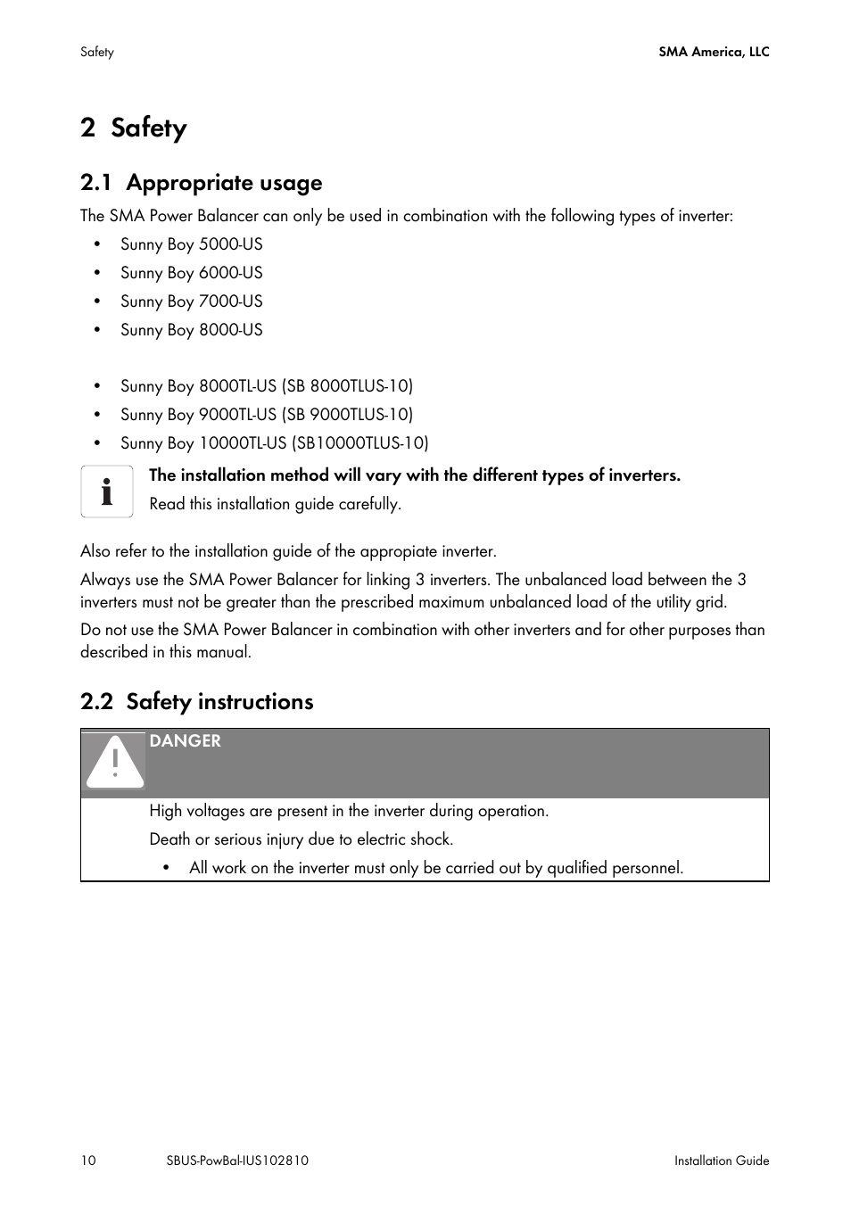 2 safety, 1 appropriate usage, 2 safety instructions | Safety, Appropriate usage, Safety instructions | SMA POWER BALANCER User Manual | Page 10 / 28