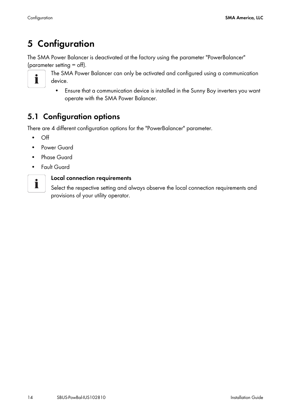 5 configuration, 1 configuration options, Configuration | Configuration options | SMA POWER BALANCER User Manual | Page 14 / 28